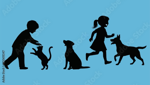 Children playing with dogs and a cat silhouette.