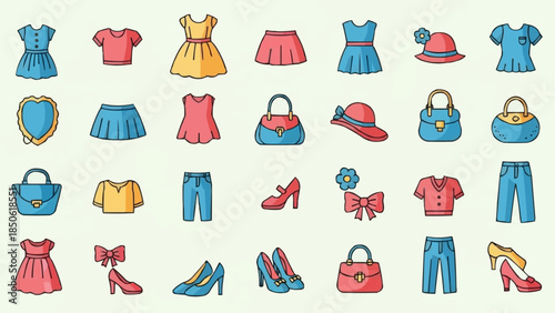 Collection of Childrens Clothing and Accessories Icons.