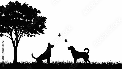 Two dogs watching butterflies in a park silhouette.