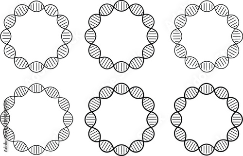 Five circular arrangements of black and white D N A strands