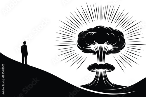 Silhouette of person watching nuclear explosion on hill