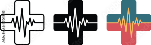 Three Cross Symbols with Heart Rate Graphs in Different Colors