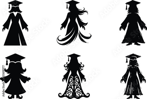 Female graduate silhouette illustration set, academic gown styles, cad drawing flat vector artwork