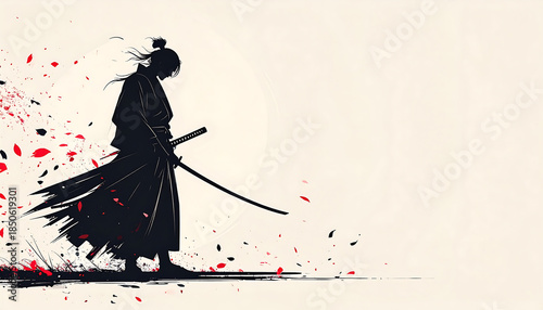 A solitary samurai warrior silhouette stands with a katana amidst abstract red and black brushstrokes, evoking a sense of ancient Japanese culture and martial arts.