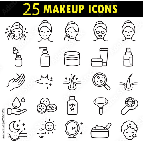 Makeup Icons Vector Set Showcasing Beauty Products, Cosmetic Tools, Glamour Essentials and Professional Styling Concepts