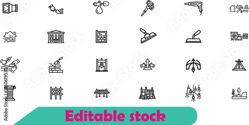 Set of black and white construction and building on white background with teal banner