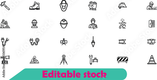 Set of black and white construction and safety on white background with teal banner