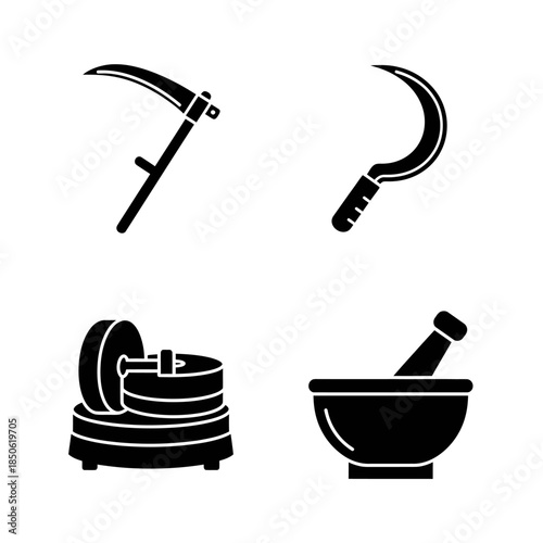 Collection of Four Agricultural and Grinding Tools Icons.