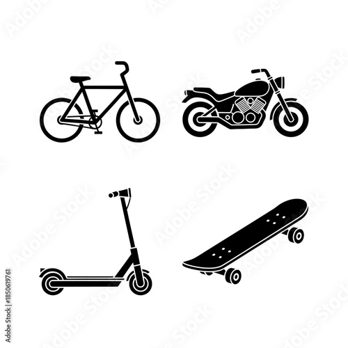 Collection of four different modes of personal transportation vehicles.