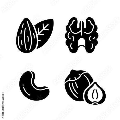 Collection of Four Different Types of Nuts in Silhouette.