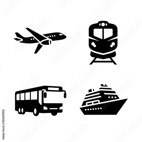 Collection of Transportation Icons Airplane Train Bus and Ship.