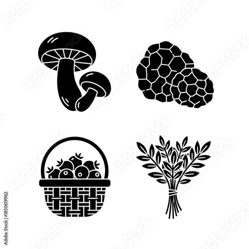 Four Black Silhouette Icons Representing Food and Nature Elements.