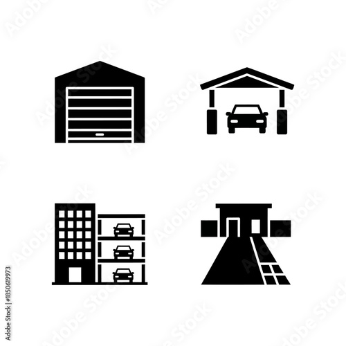 Four different types of parking and garage icons.