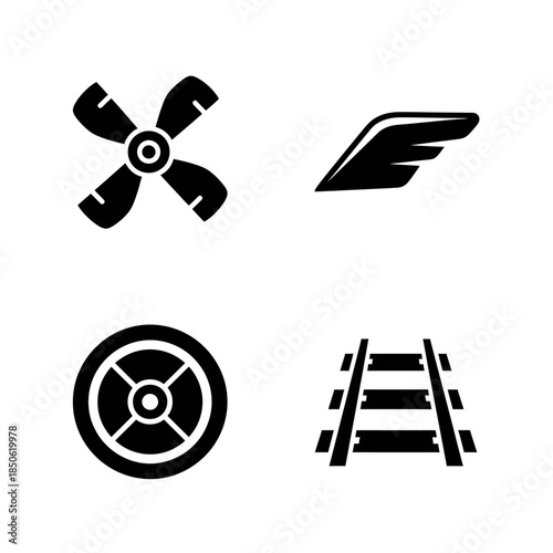 Four distinct icons representing transportation and industry.