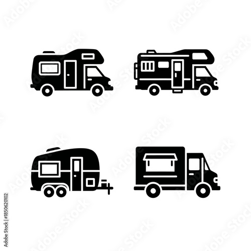 Set of four black and white RV and camper van icons.