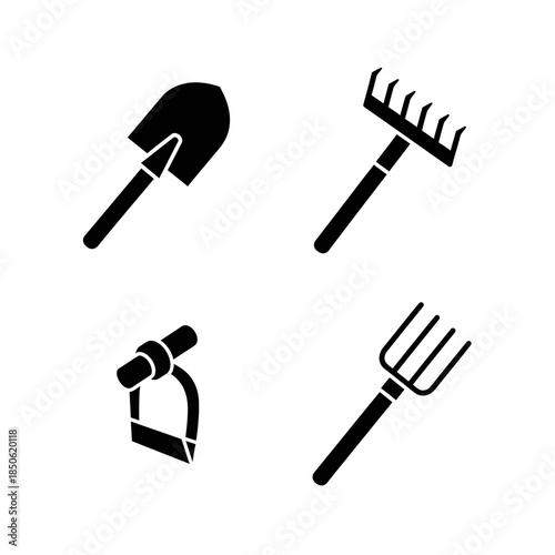 Set of Four Black Garden Tools Icons Isolated on White.