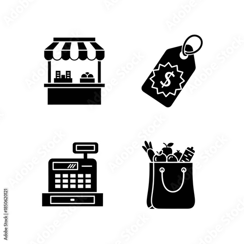 Set of four black icons representing commerce and shopping.