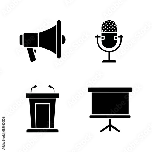 Set of four black icons representing public speaking and communication tools.