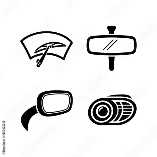 Set of four car part icons including windshield wiper rearview mirror side mirror and headlight.