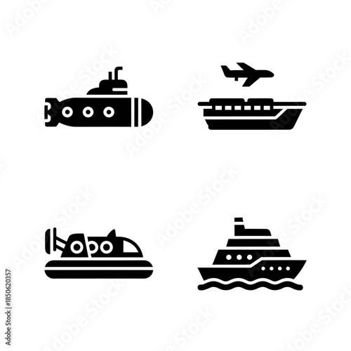 Set of Four Different Types of Watercraft and Aircraft Icons.