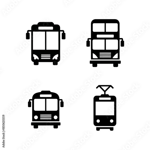 Set of four distinct bus and tram icons in black and white.