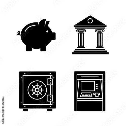 Set of four financial icons including piggy bank bank building safe and ATM.