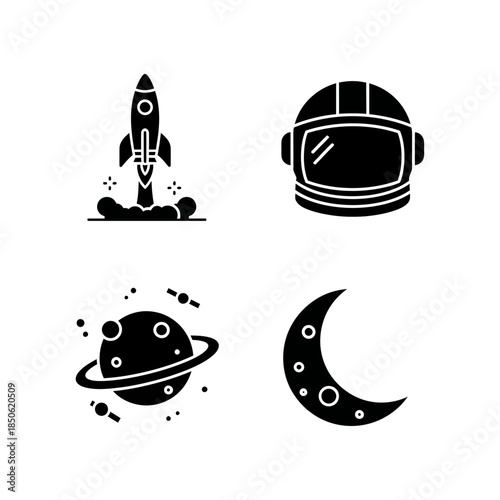 Set of Four Space Themed Icons Including Rocket Ship Astronaut Helmet Planet and Moon.