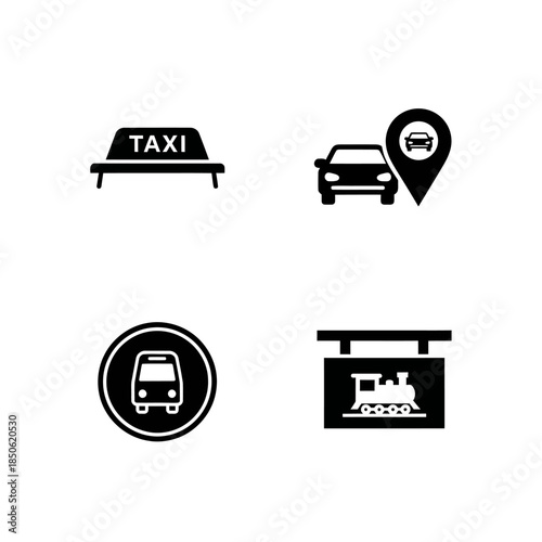 Set of four transportation icons including taxi car bus and train.