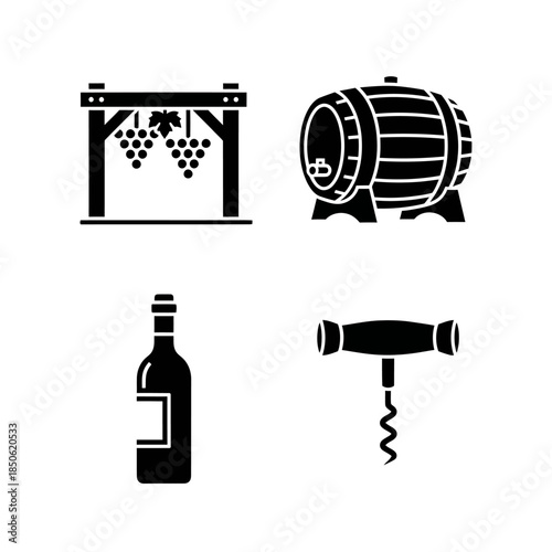 Set of four wine related icons including grapes barrel bottle and corkscrew.