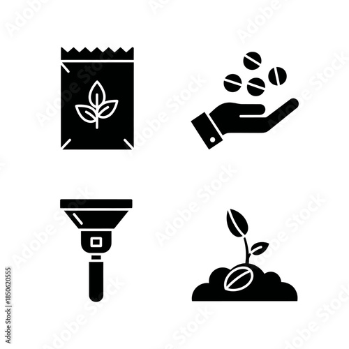 Set of icons representing agriculture and planting process.