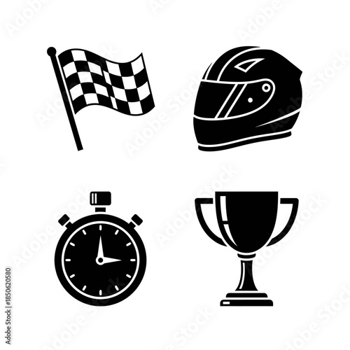 Set of racing icons including checkered flag helmet stopwatch and trophy.