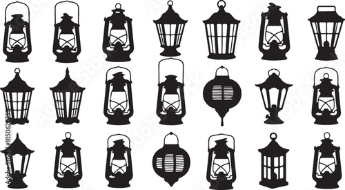 set collection lantern lamp old black logo icon design illustration