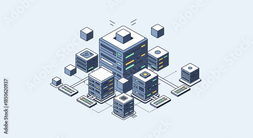 Modern isometric data center network for robust cloud computing and IT infrastructure solutions with seamless connectivity and secure storage