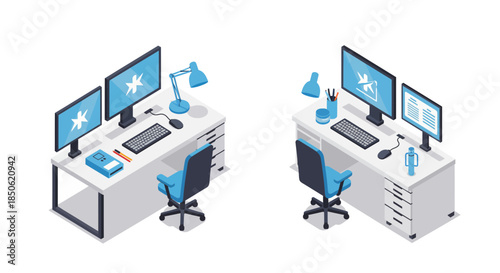 Modern office desks with dual monitors for a productive workspace, perfect for remote work and creative design projects in a minimalist style