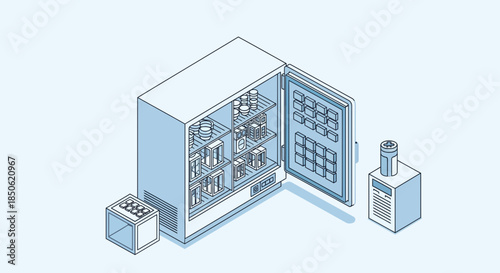 Open refrigerator stocked with food and drinks, a minimalist aesthetic for a modern kitchen or restaurant, highlighting freshness and organization