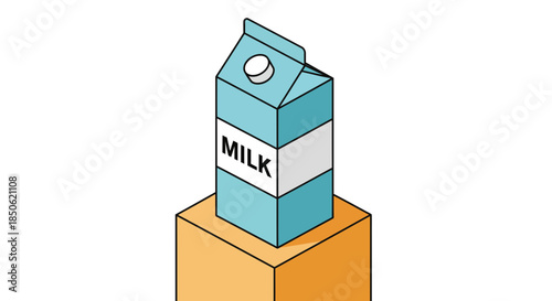 Fresh blue milk carton sitting on a box, perfect for breakfast ads or dairy promotions, cute and clean design, appealing food illustration for all ages