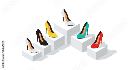 Vibrant collection of stylish high heels arranged on modern white pedestals showcasing fashion trends and design, perfect for retail and advertising campaigns