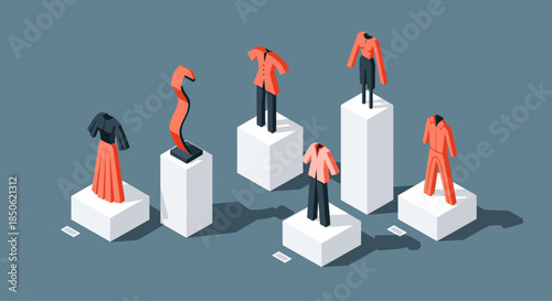 Stylish fashion exhibit featuring trendy outfits and modern art, a conceptual showcase of design and creativity, inspiring new trends for fashion enthusiasts.