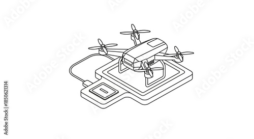 Modern drone charging wirelessly on pad, a convenient and innovative technology solution for aerial photography and video, black and white line art