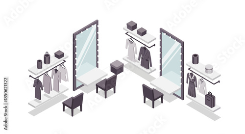 Visualize your brand's stunning showroom with this isometric dressing room design, offering a modern, elegant shopping experience for fashion retail success