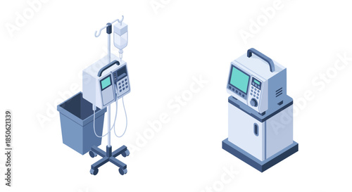 Modern medical equipment for hospital use including IV drip and vital signs monitor for patient care and recovery with clean design
