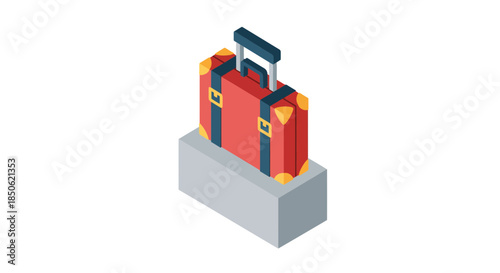 Isometric travel suitcase in red with blue straps and gold accents, ready for vacation adventures and business trips worldwide, pack your bags!
