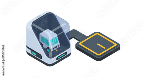 Futuristic autonomous vehicle in charging station showcases innovation and sustainability, a glimpse into the future of transportation solutions