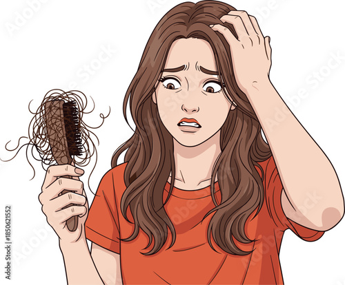 Anxious woman holding hairbrush with hair loss problem, female stress about thinning hair, beauty health illustration concept