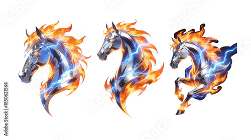 collection of illustrations of flaming horse head logo icons