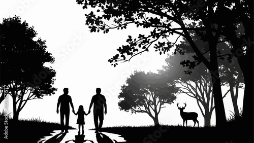 Family walking together in nature with a deer nearby.
