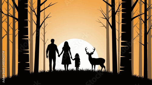 Family silhouette holding hands with a deer in the forest at sunset.