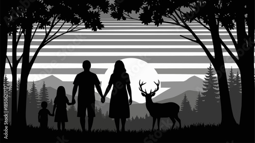 Family and Deer Silhouette in Nature.