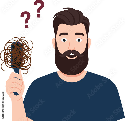 Confused bearded man holding hairbrush with hair loss problem, male anxiety about thinning hair, health and grooming illustration