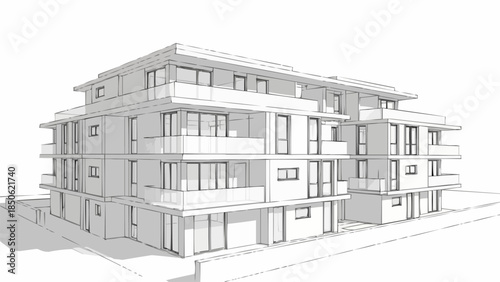 Modern Apartment Building Architectural Sketch Rendering.